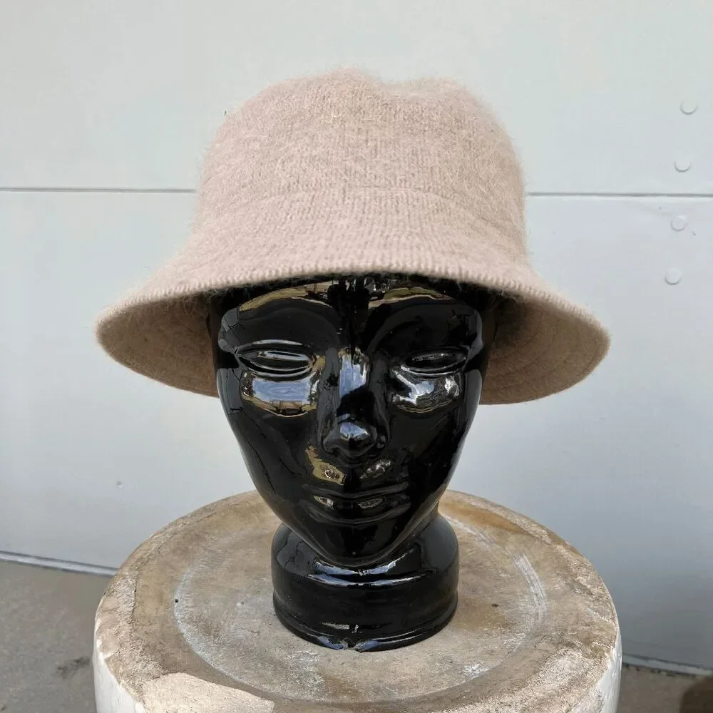 VTG Angora Wool Blend Bucket Hat Beige 90s Soft Slouchy OS